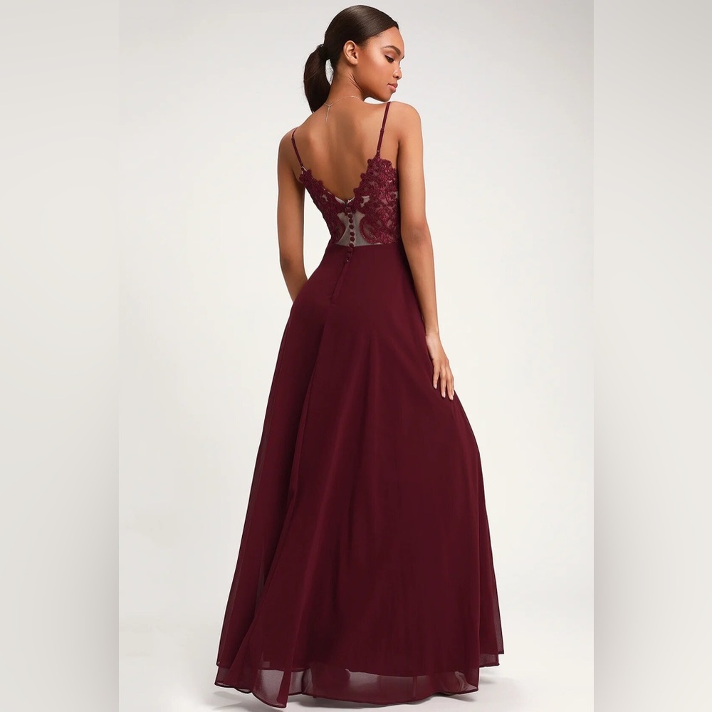 Lulus Romantic Ways Burgundy Lace Button Back Maxi Dress